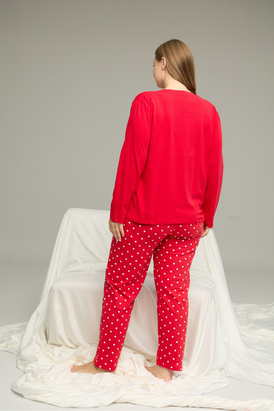 Siyah İnci Red Pattern Curve Large Size Battal Size Cotton Pajamas Suit25240828