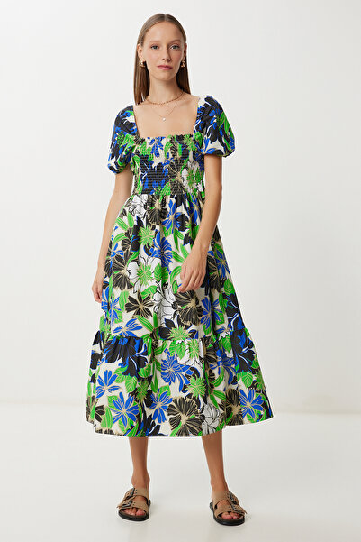 Lovelyİstanbul Φόρεμα με μοτίβο με μανίκια με μπαλόνι LFG0074 ΠΡΑΣΙΝΟ ΜΠΛΕ