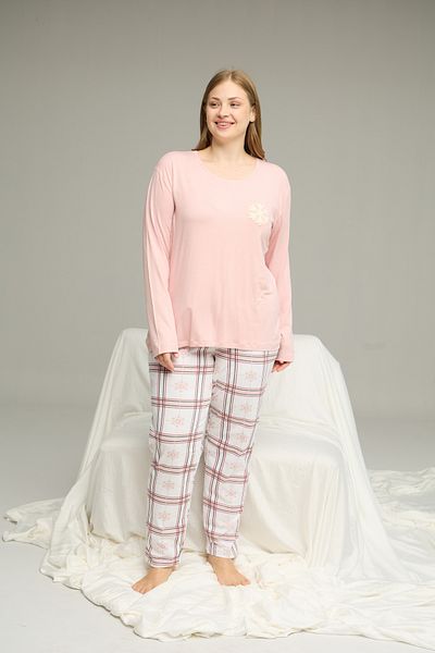 Siyah İnci Powder Pattern Curve Large Size Battal Size Cotton Pajamas Suit25240854