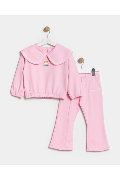 Magu Girl's Cotton Pink Floral Embroidered Wide Collar Sweat and Flared Leg Trousers Set