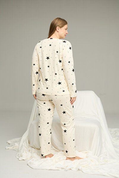 Siyah İnci Ecru Patterned Curve Large Size Oversized Size Cotton Pajama Set25240812