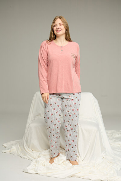 Siyah İnci pudra desenli Curve Büyük Beden Battal Boy Pamuklu Pijama Takım25240794