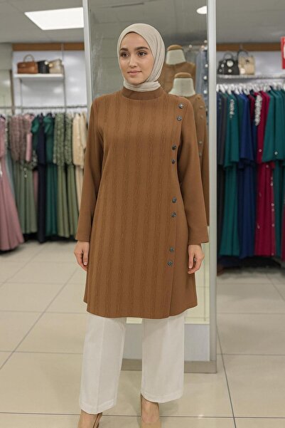 PERFECT 25234 ÖNÜ DÜĞMELİ SIFIR YAKA ÖN KISMI DESENLİ ŞIK GÖMLEK TUNİK #05-25#