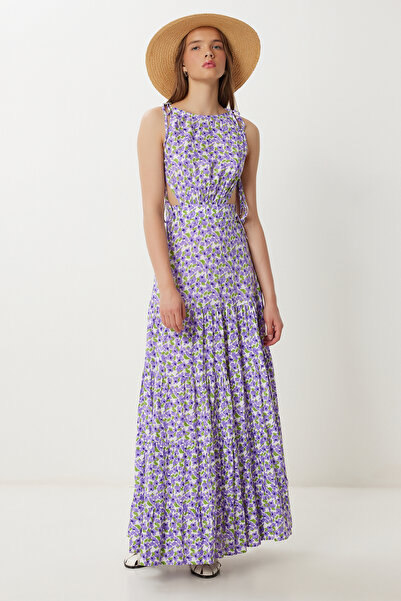 Lovelyİstanbul Καλοκαιρινό φόρεμα βισκόζης με μοτίβο LFG0062 ΜΩΒ ΠΡΑΣΙΝΟ