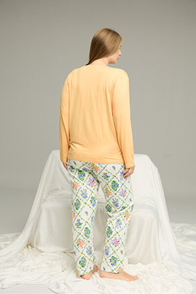 Siyah İnci sarı desenli Curve Büyük Beden Battal Boy Pamuklu Pijama Takım25240790