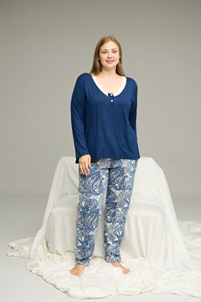 Siyah İnci Navy Blue Patterned Curve Large Size Battal Size Cotton Pajamas Suit25240852