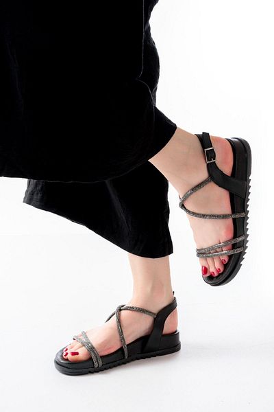 Aymood 1001-1105 Sandale de damă casual cu piatră neagră platinată