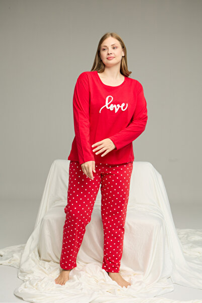 Siyah İnci Red Pattern Curve Large Size Battal Size Cotton Pajamas Suit25240828