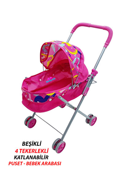 hediyecik Oyuncak Beşikli Metal Puset 4 Tekerlekli Bebek Arabası 55 Cm