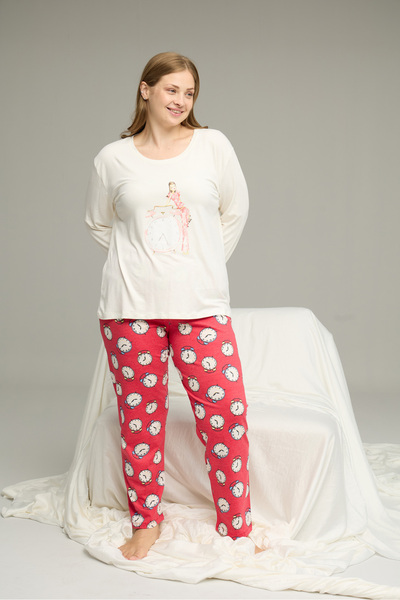Siyah İnci Ecru Patterned Curve Large Size Oversized Oversized Cotton Pajama Set25240780