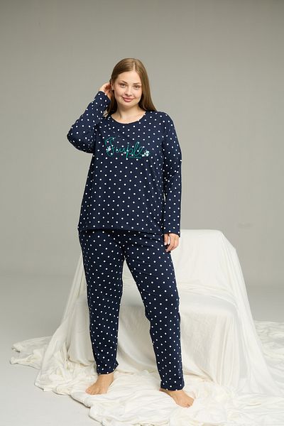Siyah İnci Navy Blue Patterned Curve Large Size Battal Size Cotton Pajamas Suit25240842