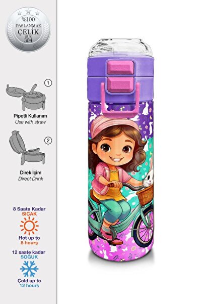 Coral High Kids Mor Pembe Bisikletli Kız Desenli Pipetli ve Direkt İçim Çelik...