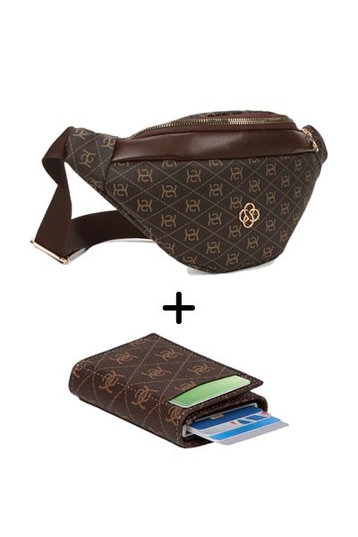 Newish Polo Women's Patterned Mechanism Wallet and Waist and Shoulder Bag with Cross Shoulder Strap - Brown - New345