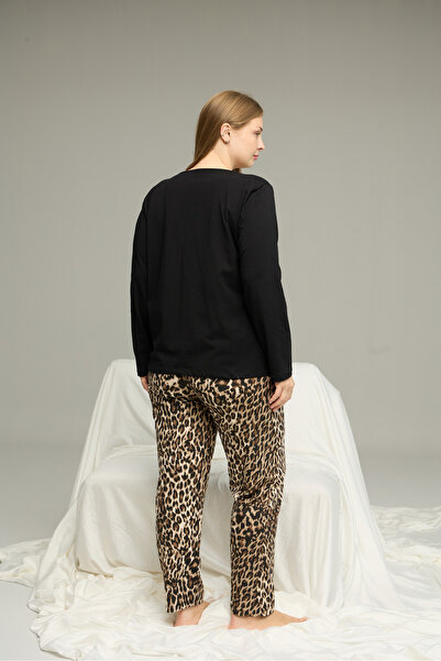 Siyah İnci Black Pattern Curve Large Size Battal Size Cotton Pajamas Suit25240817