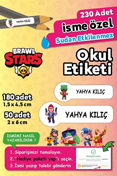 HediyeHanesi Brawl Stars Temalı Kişiye Özel İsimli Defter Kalem Okul Etiketi,...