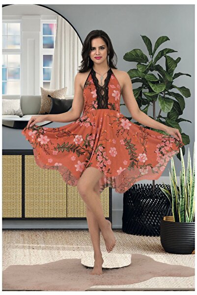 Lingeretta Çiçek Desenli Penye Dantel Detaylı Rahat Gecelik