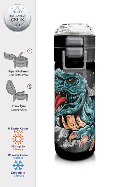 Coral High Kids Koyu Gri Siyah Dinozor Desenli Pipetli ve Direkt İçim Çelik T...
