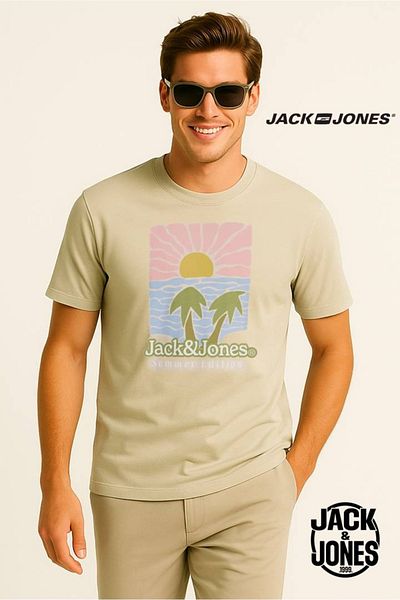 Jack & Jones Tricou cu imprimeu cu logo pentru bărbați J&J JJDOWN Ecru Bej A1111