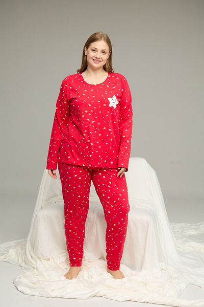 Siyah İnci Red Pattern Curve Large Size Battal Size Cotton Pajamas Suit25240798