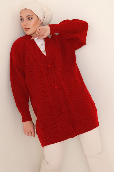 Merterium Women's Hijab Long Knitwear Cardigan Red 1048