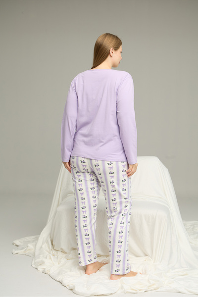Siyah İnci lila desenli Curve Büyük Beden Battal Boy Pamuklu Pijama Takım25240836