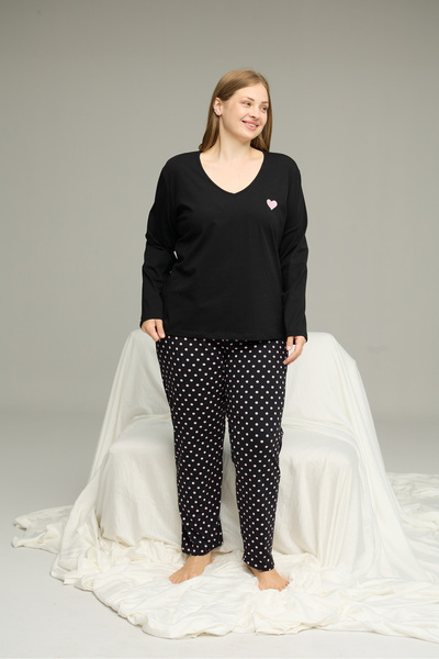 Siyah İnci Black Pattern Curve Large Size Battal Size Cotton Pajamas Suit25240864