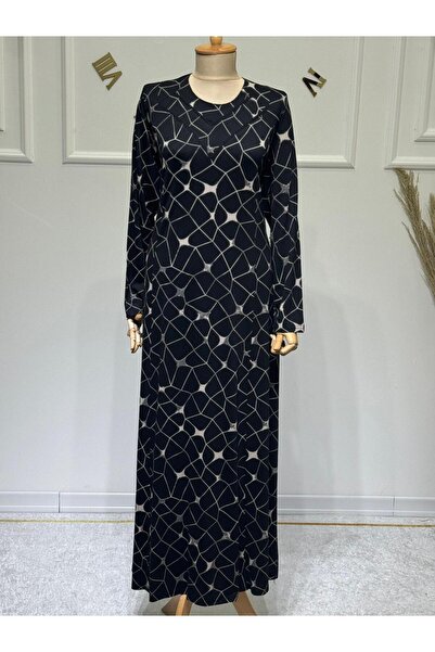 ModaMinar Kadın Yeni Sezon Yakası Biye Modelli Kare Desen Anne Elbisesi