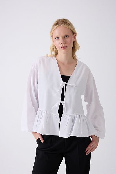 Fumel White Ruffled Kimono with Front Bag