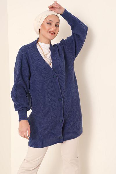 Merterium Women's Hijab Long Knitwear Cardigan Navy Blue 1048