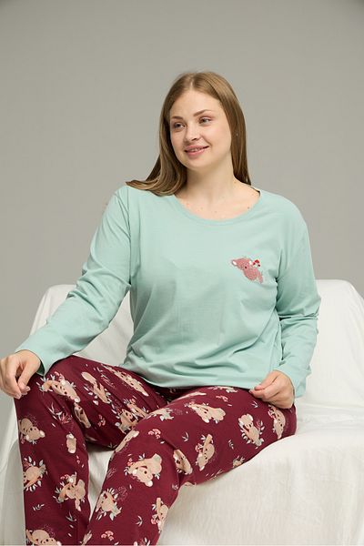 Siyah İnci Green Pattern Curve Large Size Battal Size Cotton Pajamas Suit25240781