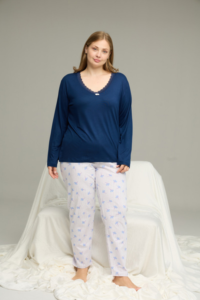 Siyah İnci Navy Blue Patterned Curve Large Size Battal Size Cotton Pajamas Suit25240792