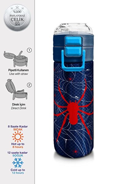 Coral High Kids Navy Blue Red Spider Patterned Steel Thermos with Straw and D...