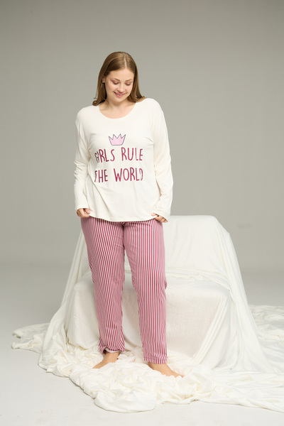 Siyah İnci Ecru Patterned Curve Large Size Oversized Oversized Cotton Pajamas Set25240821