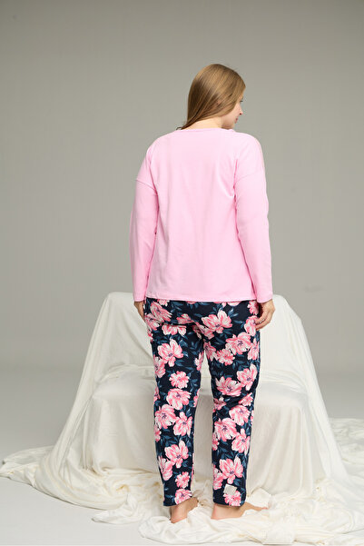 Siyah İnci pembe desenli Curve Büyük Beden Battal Boy Pamuklu Pijama Takım25240787