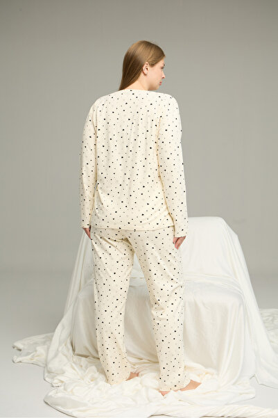 Siyah İnci ekru desenli Curve Büyük Beden Battal Boy Pamuklu Pijama Takım25240806