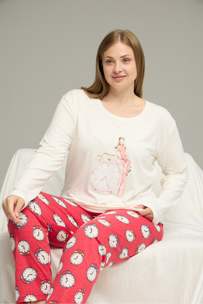 Siyah İnci Ecru Patterned Curve Large Size Oversized Oversized Cotton Pajama Set25240780