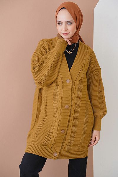Merterium Women's Hijab Long Knitwear Cardigan Mustard 1048