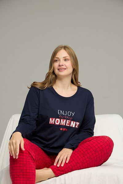 Siyah İnci Navy Blue Patterned Curve Large Size Battal Size Cotton Pajamas Suit25240775