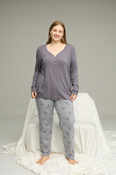 Siyah İnci Gray Pattern Curve Large Size Battal Size Cotton Pajamas Suit25240833