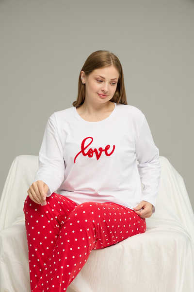 Siyah İnci White Pattern Curve Large Size Battal Size Cotton Pajamas Suit25240783