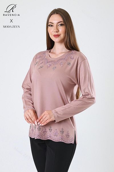 Ravencia Women's Middle Age and Above Viscose Leaf Patterned Skirt Collar Stone Embroidered Lycra Powder Mother Combed Cotton B