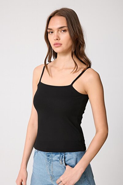 AMİDA Black Women's Thin Rope Strap Basic Crop Tank Top -2466
