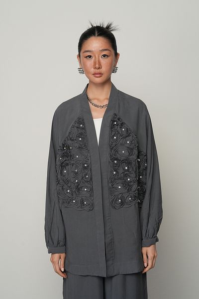 Orfeo Negro KIMONO DE CULOARE SOLIDĂ CU ROSE BORDATE LA FAȚĂ PENTRU FEMEI