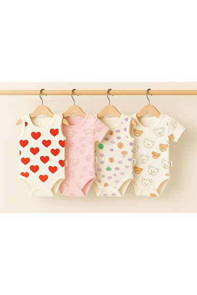 Pamira Çıtçıtlı Pamuklu Sıfır Kollu ve Kısa Kollu Desenli Body Zıbın