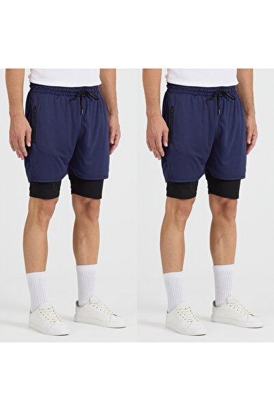 pandy 2'li Set Erkek Hızlı Kuruma Fermuarlı Özellikli Antrenman Halısaha Fitness Kısa Taytlı Spor Şort