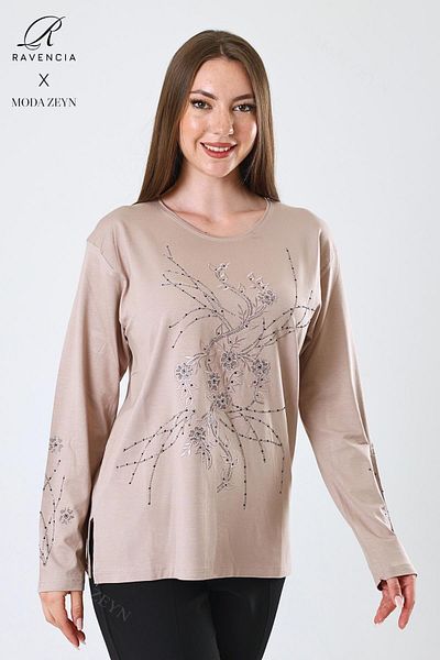 Ravencia Women's Middle Age and Above Viscose New Coating Pattern Stone Embroidered Lycra Beige Mother Combed Cotton Blouse