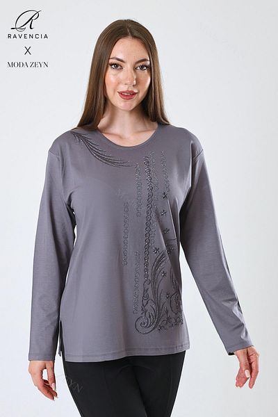 Ravencia Women's Middle Age and Above Viscose Ring Stripe Pattern Stone Embroidered Lycra Gray Mother Combed Cotton Blouse
