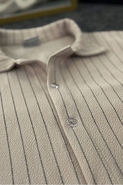 Ferhatlı Men's Crepe Fabric Striped Shirt Suit Oversize Long Sleeve Shirt Pants Suit