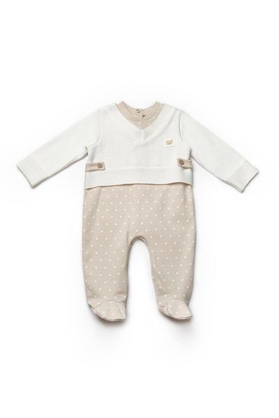 Magu Baby Boy Cotton Beige Suit Look Jumpsuit - Polka Dot and Knitwear Collar Detail