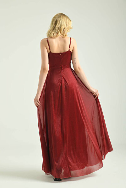 XXL BUTİK kadın simli kumaş bordo yırtmaç detaylı askılı uzun abiye elbise